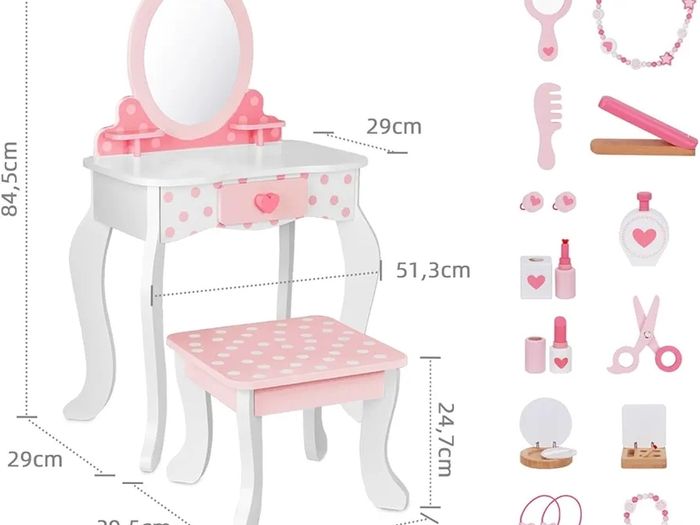 Kids Vanity Set, Table & Chair Vanity Set With Mirror (Includes 15 pcs multiple make up accessories), Makeup Dressing Table with Storage Drawer, Pink