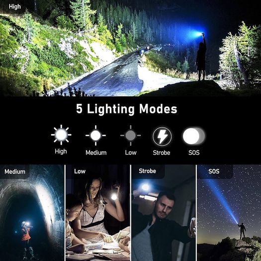 FREE SHIPPING LED Torch, 20000 Lumens Super Bright Torches Led - Adjustable Focus, 5000 mAh, IP67 Waterproof, Powerful Long Lasting Handheld Flashlight for Power Cuts, Camping, Hiking, Emergency