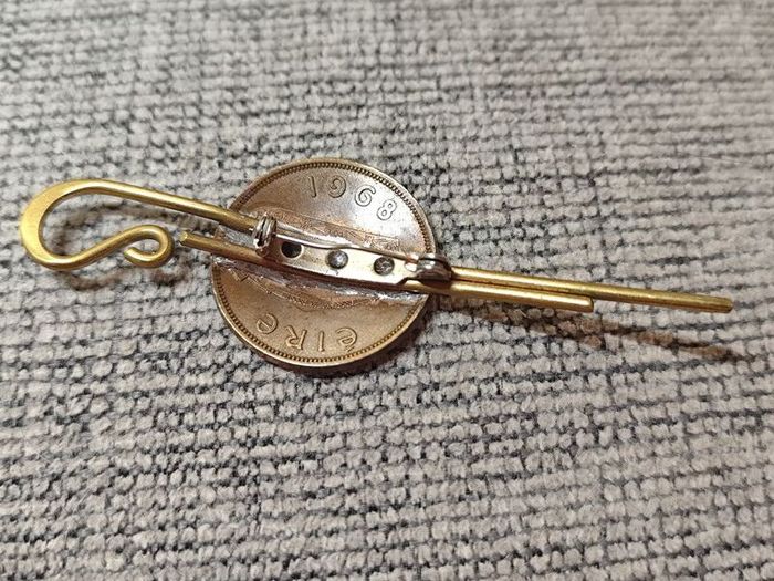 Vintage Irish Coin Brooch Pin Tie Slide attached to a brass crook design