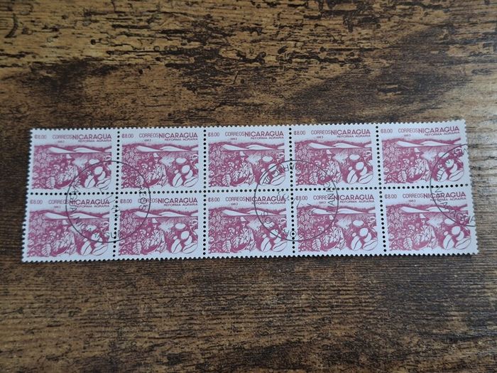 Nicaragua 1983, 8 Correos, Reforma Agraria, Block of 10, cancelled, SG #2501 - free standard postage