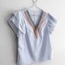 Pre Owned Blue & White Striped Embroidered V-Neck Top with Ruffle Sleeves Image 2