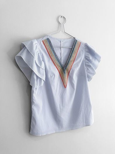 Pre Owned Blue & White Striped Embroidered V-Neck Top with Ruffle Sleeves