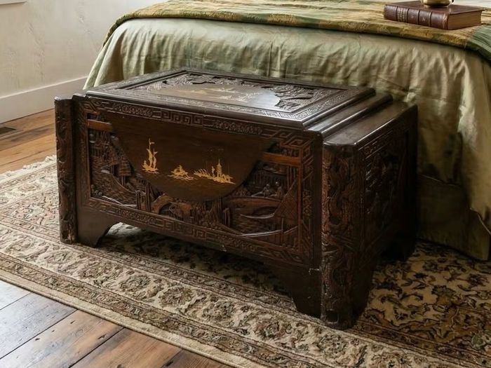 Finely carved camphor wood chest