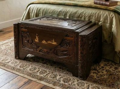 Finely carved camphor wood chest