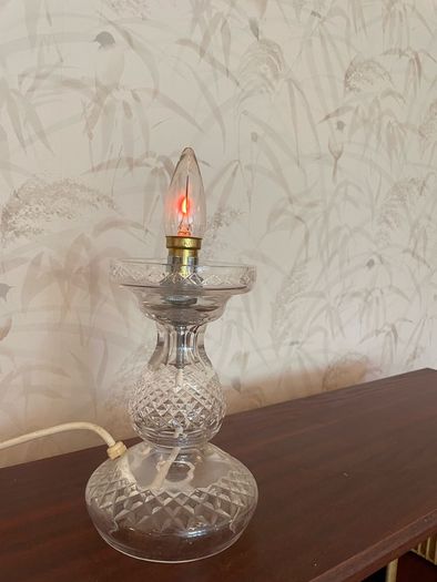 Elegant vintage cut glass electric table lamp in a classic hurricane