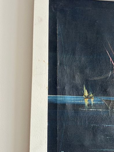 Vintage seascape oil painting with sailboats - framed