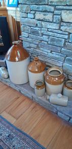 Collection of Eight Antique Stoneware Jars including Two Antique Hot Water Bottles