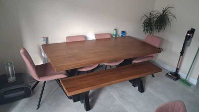 Solid oak dining table with bench
