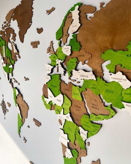 3D Classic Wooden World Map with Country Borders Country Names Capital Names US and Canada Borders and Names 3D Map Effect