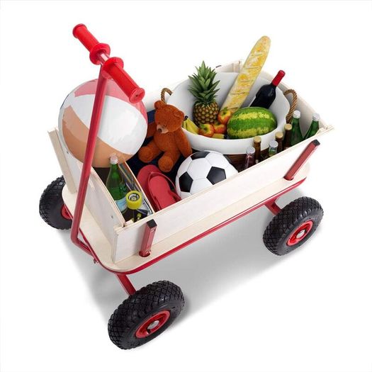 Handcart heavy duty  holds  up to 180 kg Handcart Wood up to 180 kg 4 Profile Pneumatic Tyres Hand Trolley Transport Trolley All-Round Steel Tube Frame Red Garden Trolley