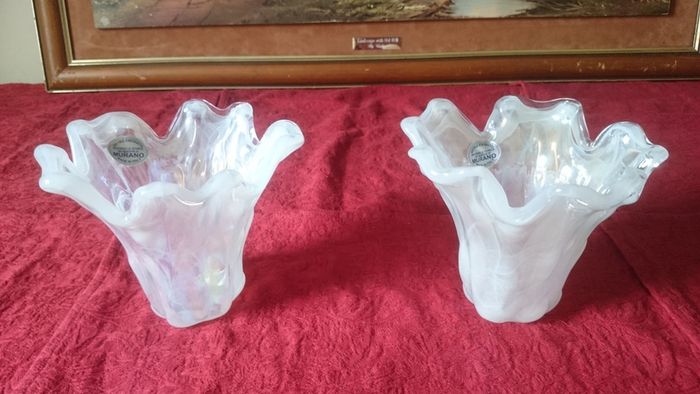 Pair Of Original Murano Glass Pearl Lustre Finish Vase