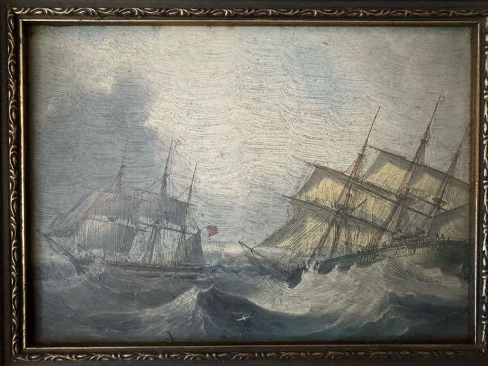 Framed Vintage Maritime Nautical Painting Print - Ships in Rough Seas (34 x 29 cm)