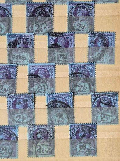 Great Britain Queen Victoria 1887. Jubilee Issue Bulk Study Lot. 72 Used Stamps on Stock Pages, 1/2d Vermilion and 2 1/2d Purple, Blue.