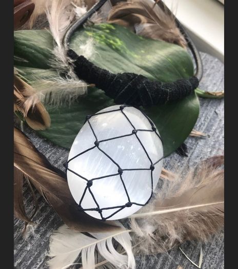 OOAK Chunky Black Leather Necklace with Carved Selenite Stone in Macrame