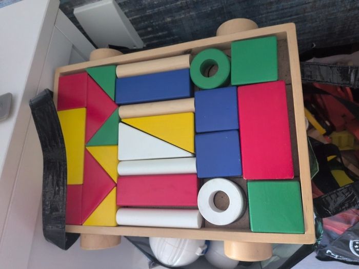 IKEA MULA wooden building blocks and pull wagon
