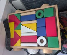 IKEA MULA wooden building blocks and pull wagon
