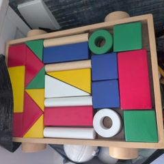 IKEA MULA wooden building blocks and pull wagon
