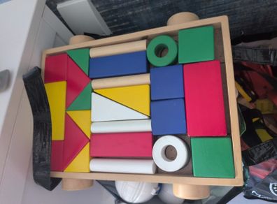 IKEA MULA wooden building blocks and pull wagon