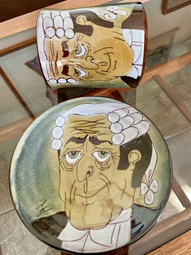 1960s Design English Chelsea Pottery Set Earthenware Glazed Footed Dish and Mug Barrister Judge Collectible