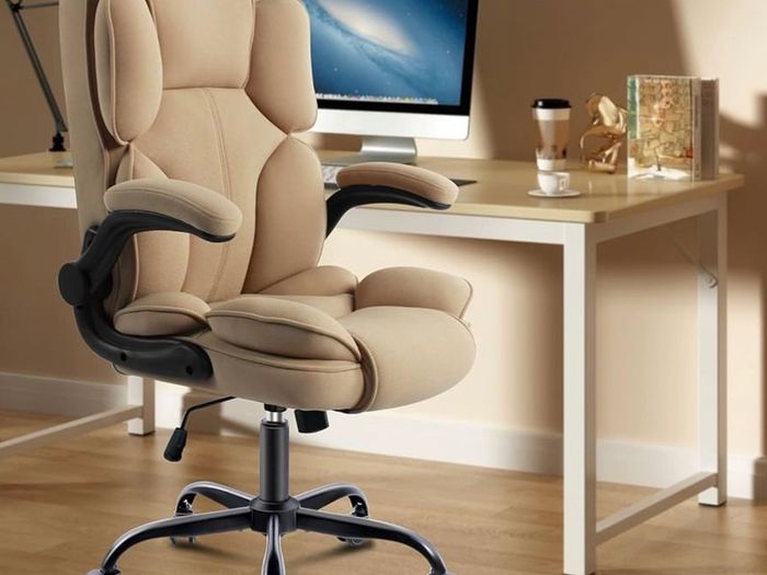 Office Chair,Fabric Desk Chair with 90 Flip up Armrest for Home or Office,Ergonomic Durable with Adjustable Height(Beige)