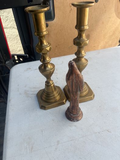 2 solid brass candle holders/ solid copper holy statue