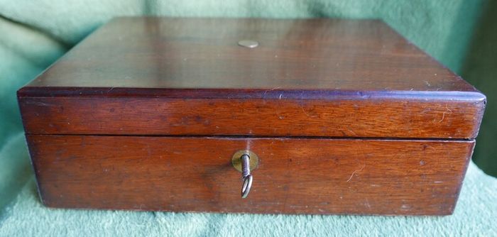 Antique 1800s Wood Folding Portable Travel Writing Lap Desk Campaign Box Case Key