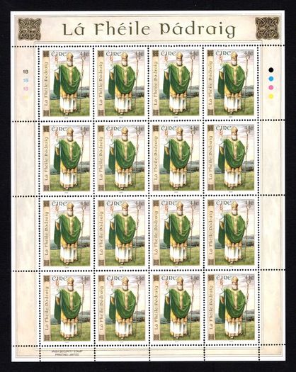 2003 Ireland St Patrick's Day (41c St. Patrick, 50c Cathedral & 57c Parade) Commemorative Stamps Sheetlet Plate 1B1B1B1B Mint Never Hinged (MNH).
