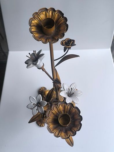 Antique 1930s French Botanical Gilt Metal & Porcelain Candelabra