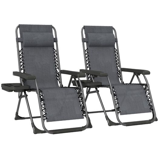 Zero Gravity Chairs Set of 2, Folding Sunloungers Reclining Garden Chairs with Cup Holder, Headrest, Dark Grey