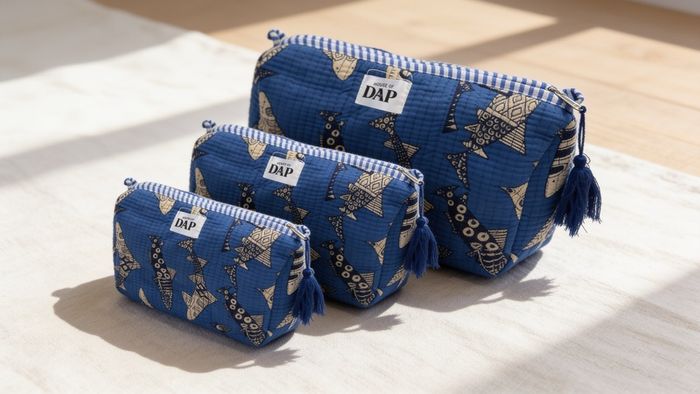 Brand New 3-Piece Hand-Block Print Quilted Cosmetic Bag Set, Nesting Travel Pouches, Cotton Toiletry Organiser