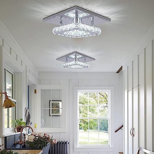 Mini Crystal Chandelier Mount Ceiling Light in Chrome Finish - Pendant Lighting for Living Room, Kitchen, Office, Bedroom, Dining Room, Island (White Square)