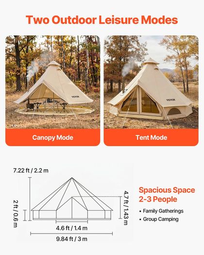 Oxford Bell Tent 4 Seasons 3 m Yurt Tent for Camping with Stove Jack Waterproof Breathable Holds up to 3 People with Zipped Detachable Floor