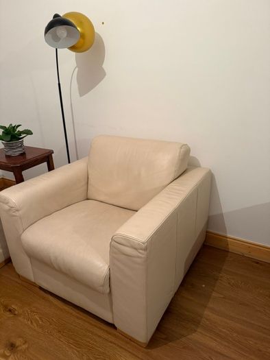 2 Seater White Leather Sofa Bed, Fold-Out Mattres and Armchair