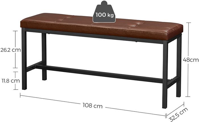 _Padded Dining Bench Kitchen Bench 108 x 32.5 x 48 cm PU Cover Steel Frame for Dining Room Living Room Hallway Brown Black