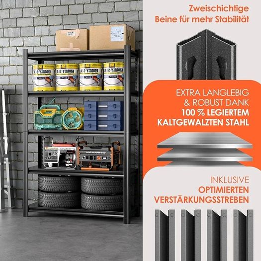 Heavy Duty Metal Shelf 183x90x40 cm with 5 Adjustable Metal Shelf | Garage Shelving Units | Racking for Garage | Storage Shelf for Cellars & Workshops | Load capacity up to 1000 kg | Black