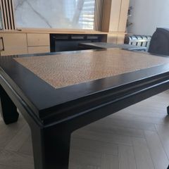 Black Vintage Coffee Table (Japandi / Rattan Top) - Restored