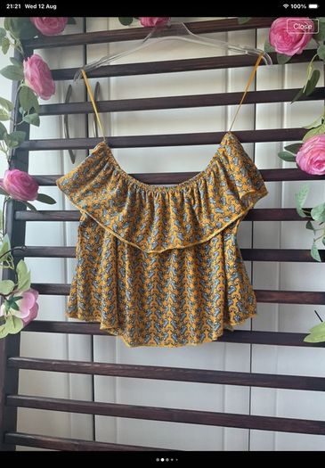 topshop off shoulder mustard patterned top size 8