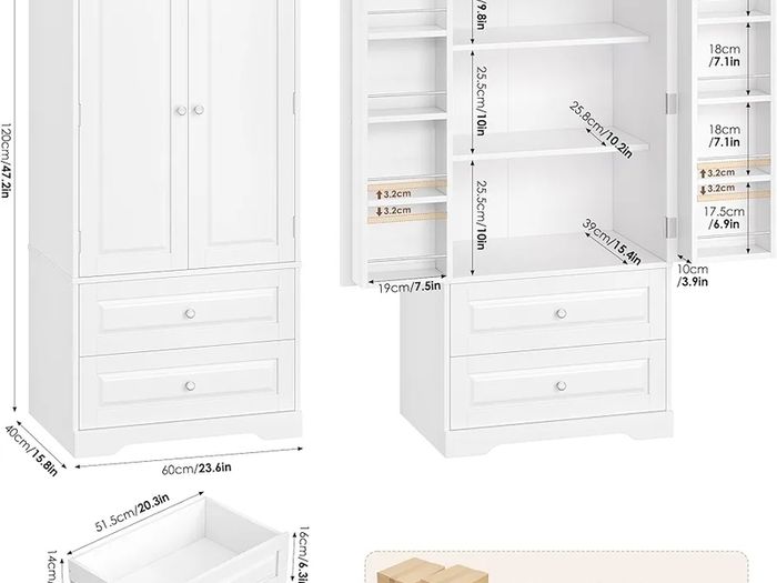 Kitchen Cupboard Tall Kitchen Cabinet Pantry Cupboard with 2 Doors Storage Free Standing Sideboard Storage Cabinet, 2 Drawers, Adjustable Shelves 60x40x120cm White