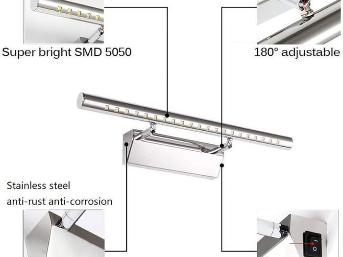 FREE SHIPPING Bathroom Light Fixtures Over Mirror Led Light Fixtures for Bathroom Above Mirror Wall Lights with Switch Adjustable Angle Stainless Steel Cool White