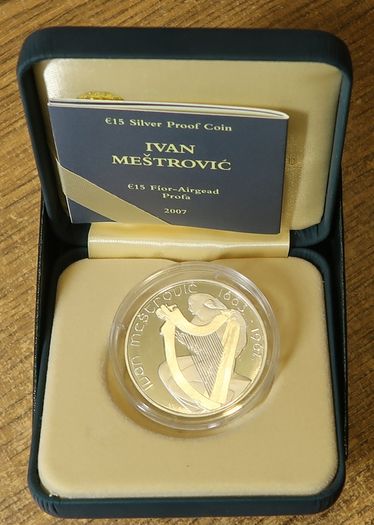 2007 Ireland Central Bank Ivan Mestrovic Uncirculated Euro15 Silver Proof Coin in Original Presentation Box