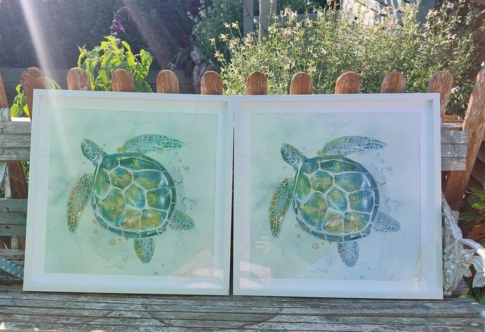 Set of 2 Framed Sea Turtle Wall Art Prints: Coastal/Ocean Decor