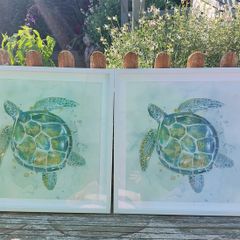 Set of 2 Framed Sea Turtle Wall Art Prints: Coastal/Ocean Decor