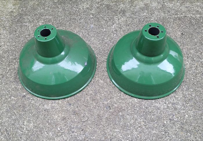 Vintage green enamel industrial light shades