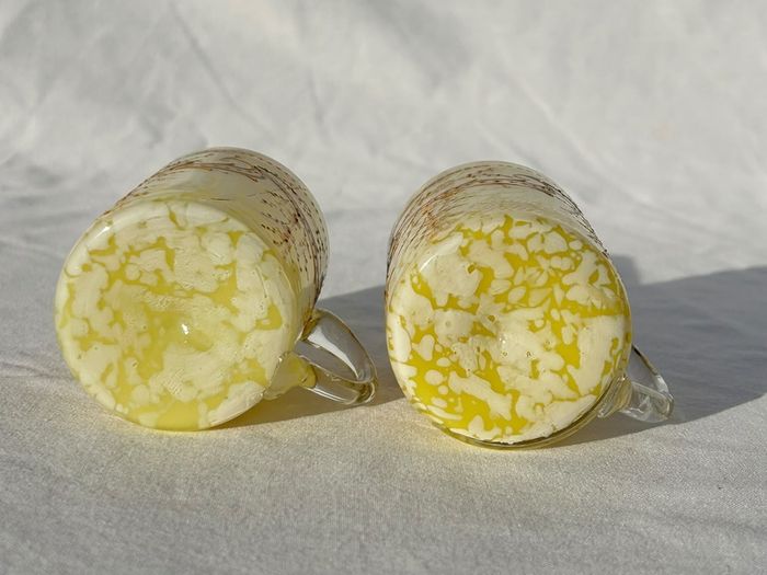 Pair Victorian Bohemian Yellow Spatter Glass Mugs - Gold Enamel - Souvenir - c1900