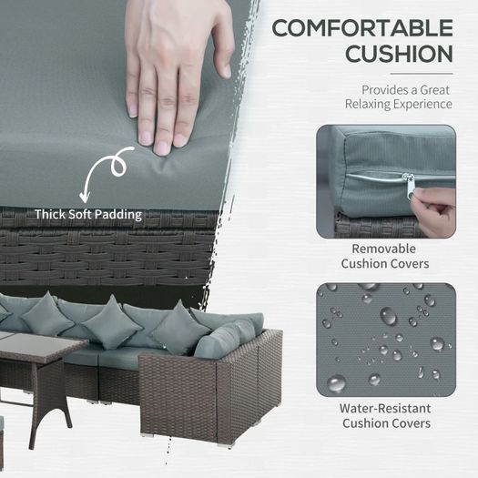 MASSIVE SUMMER SALE 10PCs Garden Rattan Corner Dining Sofa Set 9-Seater Patio Furniture Set Glass Table Stools w/ Cushions & Pillow