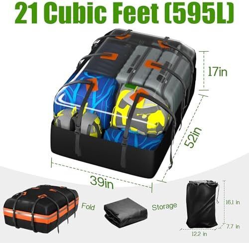 Car Roof Bag,21 Cubic Feet Large Roofing Cargo Carrier Bags Waterproof Soft Rooftop Luggage Storage Box for Any Cars With/Without Roof Rack/Rails/Bars