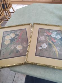 Framed Pair Of Chinese Nature Paintings Print  Frame 37 X 32 Cm. Print 26 X 20 Cm.