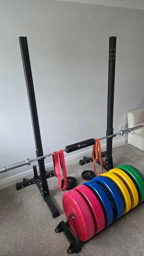 Bumper plates, Barbell and Rack