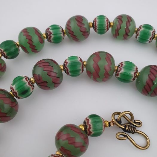 Antique Venetian Style Stripe & Chevron Glass Beads Necklace