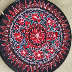 Handcrafted Mandala Wall Art, Round Decorative Dot Painting, Black Red White, Traditional Aboriginal Design Handmade Dot Mandala Wall Plate Round Wooden